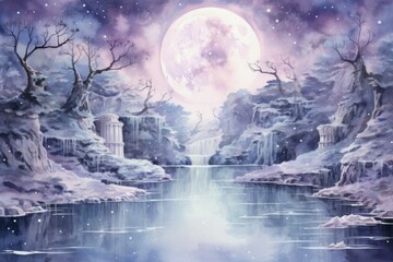 Fototapeta na wymiar Serene moonlit waterfalls in Fantasy - Generative AI