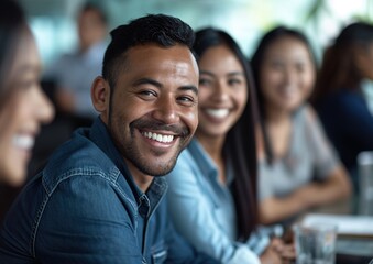 Fototapeta premium Coworkers in casual clothes, sitting at a table, having fun at a work meeting