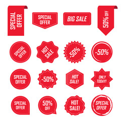 Set of tags and labels for sale. Template for use in trade labels, stickers, discounts and price tags on paper or website. Special offer. Vector illustration.