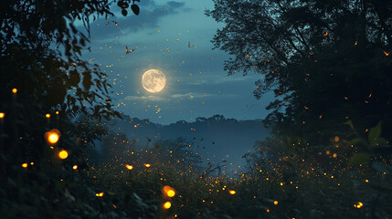 Nighttime scene of a field of yellow fireflies ai generative image