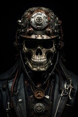 A portrait man wearing a helmet in the style of salvagepunk, made of skulls
