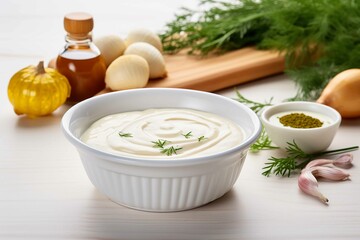 Obraz na płótnie Canvas Traditional mayonnaise sauce in white ceramic bowl and ingredients for its preparation on white wooden background