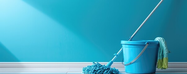 Blue mop and bucket on blue background. Household supplies. Spring cleaning, home cleaning, housework and hygiene concept. Minimalistic design for banner, poster - obrazy, fototapety, plakaty