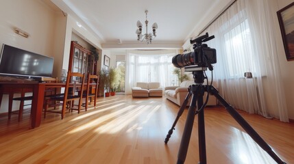 A tripod with a professional 360 camera for a virtual real estate tour placed in the center of the room