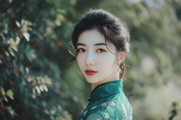 Naklejka premium portrait of a young asiatic woman in a green dress looking to camera