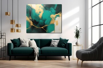 A symphony of emerald and gold creating a dynamic and lively abstract composition that commands attention on the canvas.