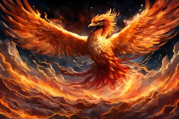 fiery bird in the fire - obrazy, fototapety, plakaty