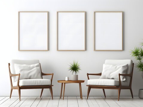 3D living room with three chairs and three blank white frame mockups