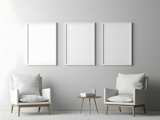 3D living room with three chairs and three blank white frame mockups