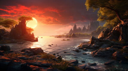 Scenic sunset landscape with reflective water and trees