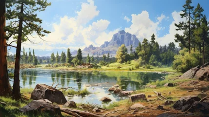 Photo sur Aluminium Ciel bleu Tranquil landscape painting with mountains and lake