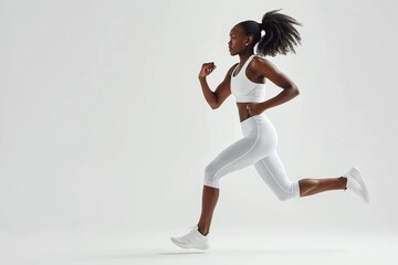 black woman wearing sport clothes running in white background