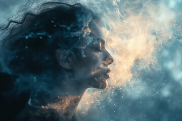 Woman Amidst Ethereal Clouds - obrazy, fototapety, plakaty