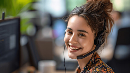 Friendly Brunette Customer Service Agent in Office Setting, Wearing Headphones