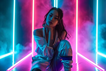 a young asiatic woman wearing fashion clothes modeling in neon lights