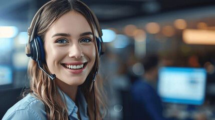 Friendly Customer Service Agent in Office Setting, Wearing Headphones