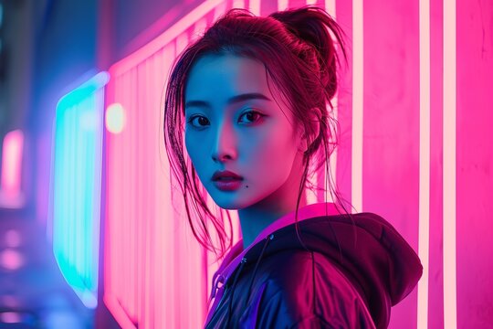 a young asiatic woman wearing fashion clothes modeling in neon lights