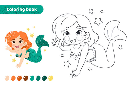 Coloring book for kids. Worksheet for drawing with cartoon mermaid. Cute magical creature with stars. Coloring page with color palette for children. Vector illustration. 