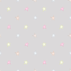 Delicate stars on a gray background. Seamless watercolor pattern. Children's party, baby shower, birthday. Design for wallpaper, cards, wrapping paper, stationery.