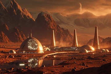 futuristic human base in a human colony in mars