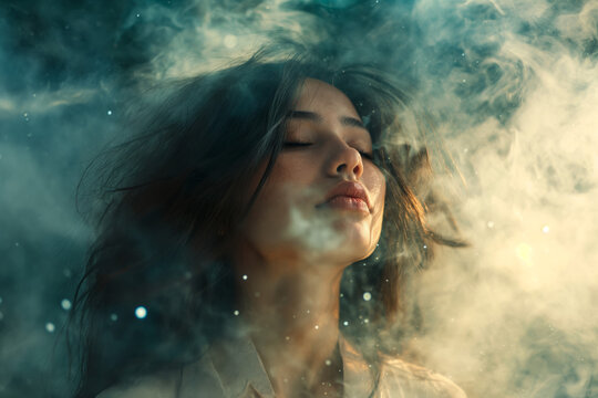Woman with Ethereal Smoke and Light