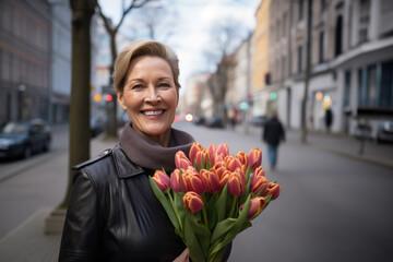 Fototapeta premium happy middle-aged woman with a bouquet of tulips walks along city street.