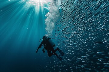 a scuba diver diving in the sea next to fish bank