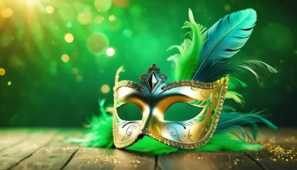 Foto op Canvas Realistic luxury carnival mask with green feathers. Abstract blurred background, gold dust, and light effects created with generative ai  © cd