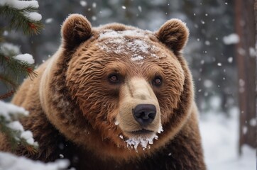 Obraz premium Wild Brown bear at the winter forest. Concept for greeting post cards, New Year and Christmas, calendars, stickers, animal protection. AI generated