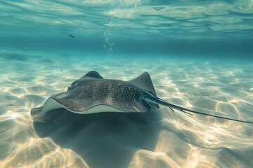 a sting ray swimming in the sea ground  - obrazy, fototapety, plakaty