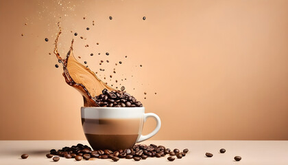 Cup of coffee with splashes and coffee beans flying in the air on light brown background, copy space for advertisement , commercials created with generative ai	
