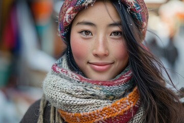 portrait of a young tibetan woman wearing traditional tibetan clothes  smiling to camera