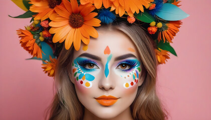 beautiful young woman with colorful carnival wreath hat decorated with orange flowers with creative paint on face created with generative ai	
