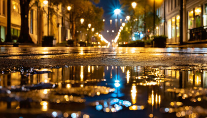 Reflection in a puddle on a night city street