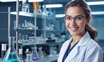 Medical Science Laboratory: Portrait of female Scientist ready for Analysis of Test Sample, Smiling on Camera. Ambitious beautiful Young woman Biotechnology Specialist, working with Advanced Equipment