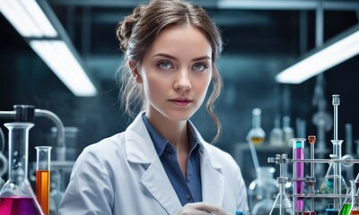 Medical Science Laboratory: Portrait of Beautiful Caucasian Scientist Looking Under Microscope Does Analysis of Test Sample. Ambitious Young Biotechnology Specialist, working with Advanced Equipment