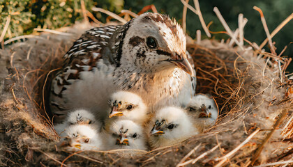 Closeup of a Cute Quail Chick in a Rural Nest