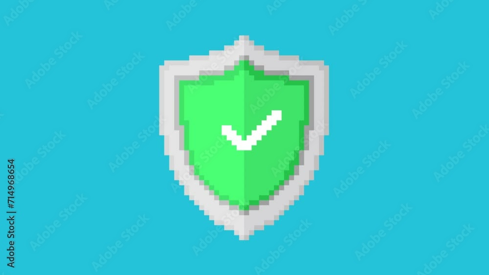 Poster pixel art animation of security shield with protection checkmark on. shield after showing on screen 