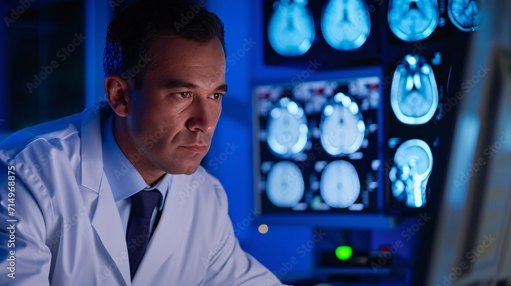 Poster a man in a white lab coat looking at a computer screen with multiple brain images displayed generati