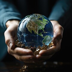 An image featuring the Earth cradled in a pair of gentle, mending hands, symbolizing the collective responsibility and care needed to repair the planet
