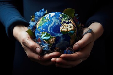 An image featuring the Earth cradled in a pair of gentle, mending hands, symbolizing the collective responsibility and care needed to repair the planet
