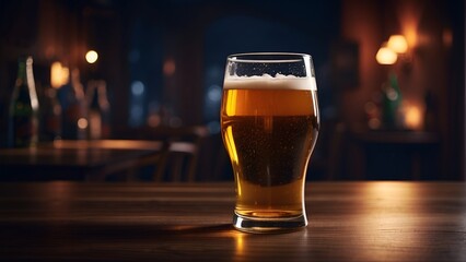 A close-up photo of a glass of beer with a condensation-covered glass sitting on a wooden table. The beer is a golden color and has a thick head of foam. There is a dark background behind the glass. - obrazy, fototapety, plakaty