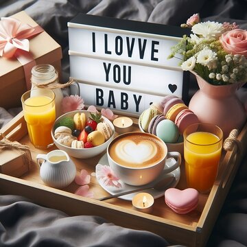 Romantic Breakfast in bed with I love you baby text on a lighted box. Cup of coffee, juice, macaroons, flower and gift box on wooden tray. Birthday, Valentine's Day morning created with generative ai	