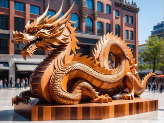 Obraz premium Dragon Majesty Unveiled: A Breathtaking Chinese New Year Art Installation Featuring a Seamless Wooden Dragon Sculpture at the Heart of the Cityscape. generative AI