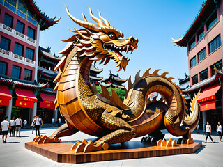 Fototapeta premium Dragon Majesty Unveiled: A Breathtaking Chinese New Year Art Installation Featuring a Seamless Wooden Dragon Sculpture at the Heart of the Cityscape. generative AI