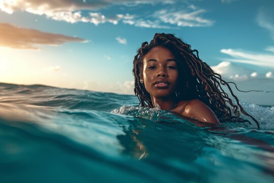 Young Black Woman Swimming Happily  In The Water Of A Relaxing Tropical Sea 