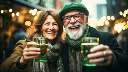 Modern adult man and a woman in green glasses drink green traditional beer and joyfully celebrate St. Patrick's Day. - obrazy, fototapety, plakaty