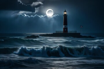 Eclipse over the stormy ocean with a lighthouse shining into the darkness