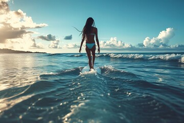 a youn black woman surfing on the waves in the tropical sea - obrazy, fototapety, plakaty