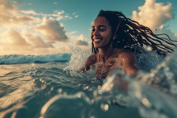 young black woman swimming happily  in the water of a relaxing tropical sea 